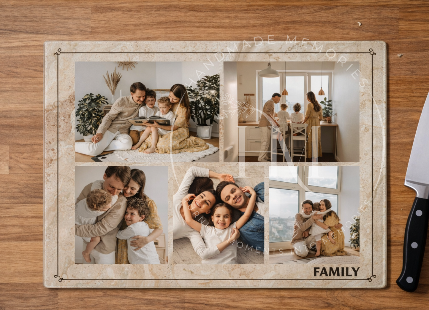 Personalised Family Photo Collage Chopping Board – Custom Glass Cutting Board with 5 Photos