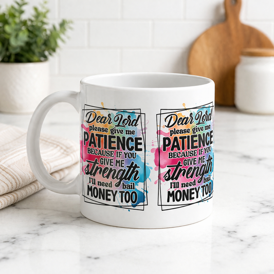White mug with colorful text design on a marble surface
