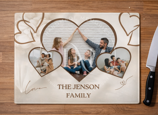 Personalised Family Photo Chopping Board – Custom Heart Photo Collage Glass Cutting Board Gift