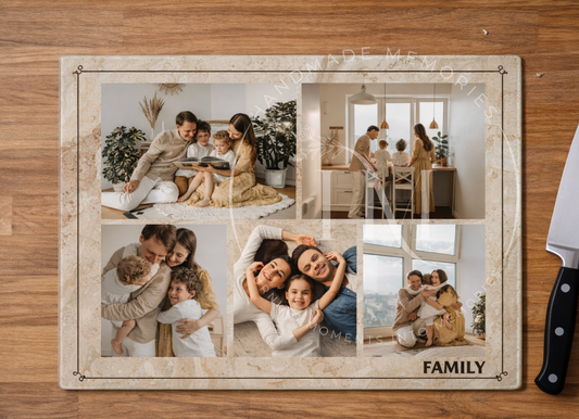Personalised Family Photo Collage Chopping Board – Custom Glass Cutting Board with 5 Photos