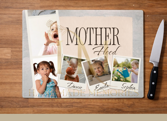 Personalised Mother Photo Chopping Board – Custom Mum Glass Cutting Board with Kids Photos