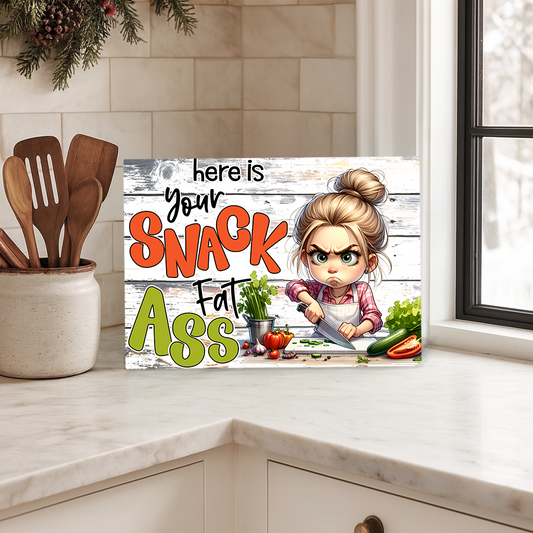 Funny “Here Is Your Snack Fat Ass” Cutting Board – Sarcastic Kitchen Decor Gift for Friends & Food Lovers